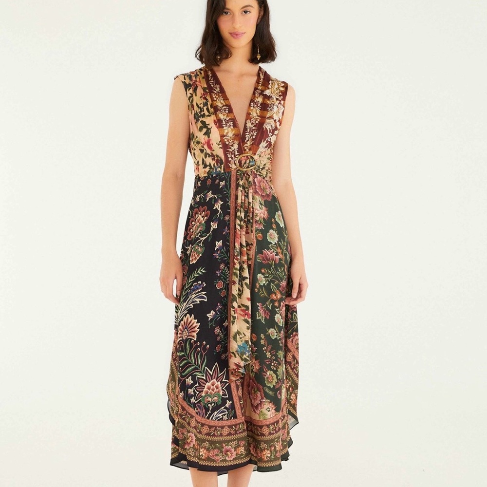 FARM Rio Floral Patchwork Midi Dress in Black, Green, Beige and Rust